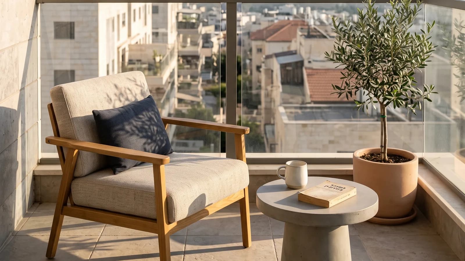 כורסה ושולחן קטן על מרפסת, ברקע נוף העיר וההרים